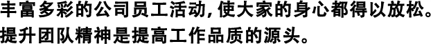 豐富多彩的公司員工活動，使大家的身心都得以放松。 提升團(tuán)隊(duì)精神是提高工作品質(zhì)的源頭。